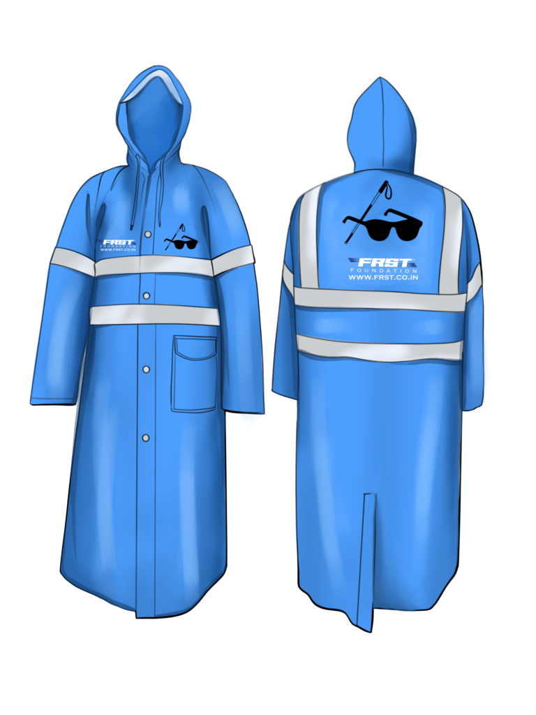 Front and back illustrations of the blue FRST hooded raincoat with reflective strips and the distinctive symbol.